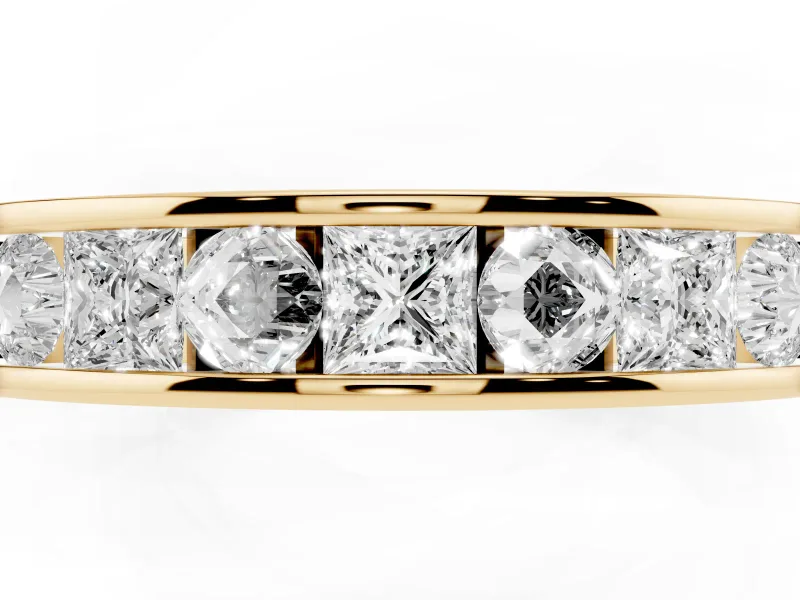 Princess Diamond Channel Set Promise Ring Set in Yellow gold with Round Accent Stations
