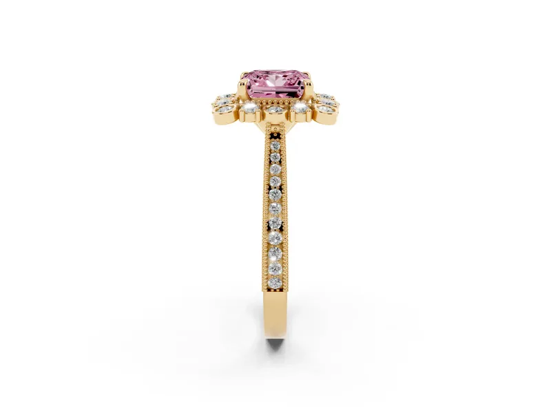 Princess Cut Scalloped Halo Engagement Ring Setting for a Fancy Pink Lab-Grown Diamond | Milgrain Edges | Yellow Gold