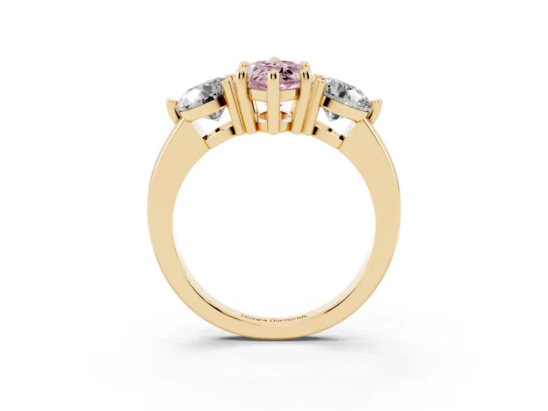 Fancy Pink Marquise Cut Diamond Three-Stone Ring Set in Yellow gold with Prong Setting and Classic Band