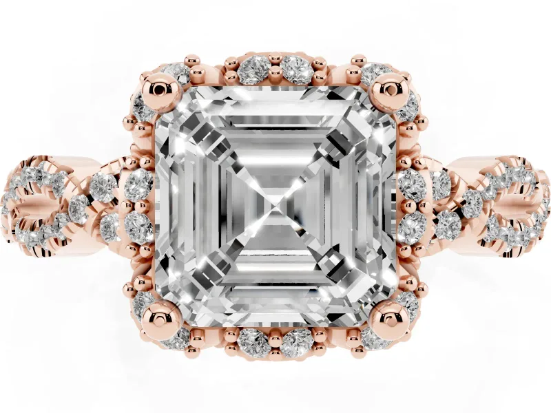Asscher Cut Diamond Halo Twist Band Solitaire Ring Set in Rose gold with Prong-Set Center Stone