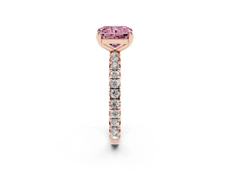 Fancy Pink Radiant Cut Diamond Pavé Solitaire Ring Set in Rose gold with Round Band and Prong Setting