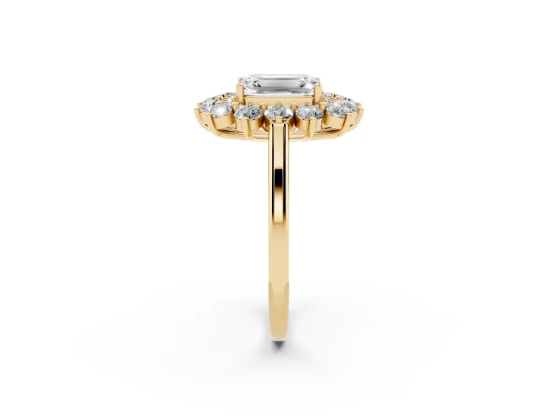 Emerald Cut Floral Double Halo Engagement Ring Setting | Plain Band | Yellow Gold