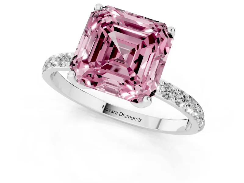 Fancy Pink Asscher Cut Diamond Solitaire Engagement Ring Set in Platinum with Round Pavé Band and Prong Setting