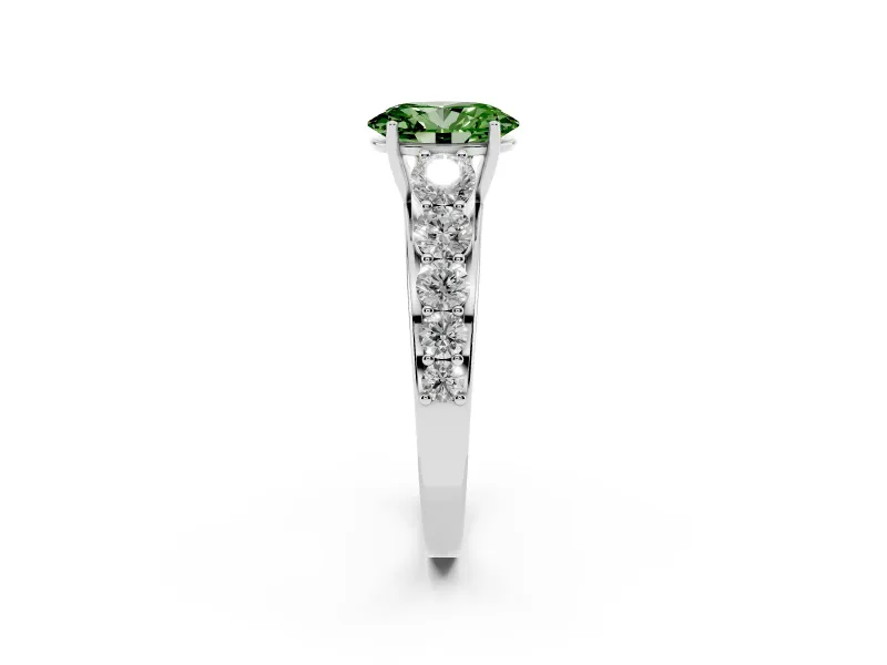 Fancy Green Oval Cut Diamond Solitaire Ring Set in Silver with Pavé-Set Band and Prong Setting