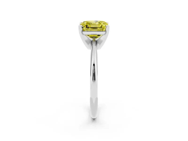 Fancy Yellow Asscher Cut Diamond Solitaire Ring Set in Silver with Prong Setting on a Plain Round Band