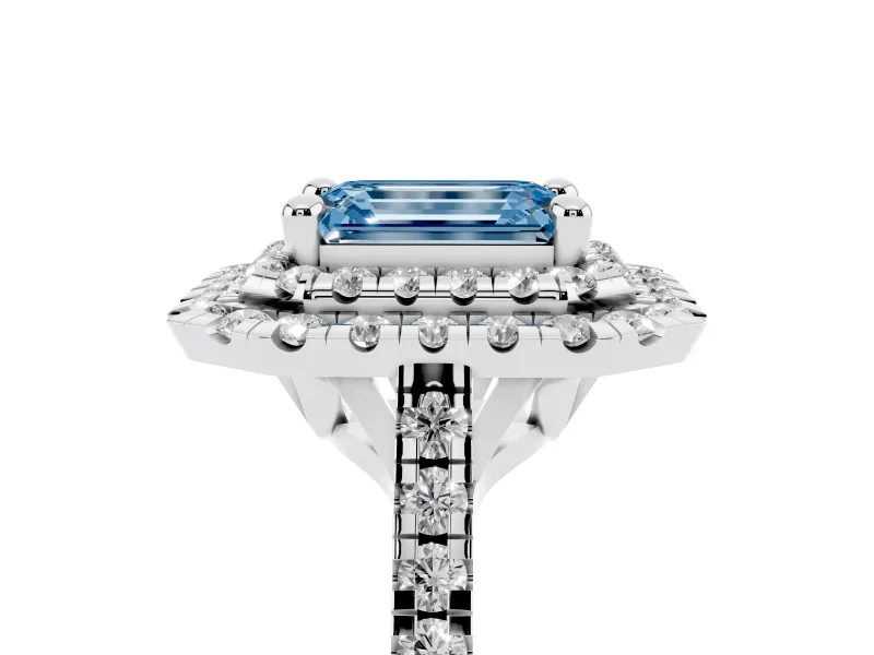 Fancy Blue Emerald Cut Diamond Double Halo Statement Ring Set in Silver with Pavé Band