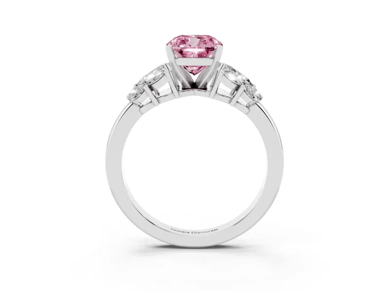 Fancy Pink Cushion Cut Diamond Cluster Leaf Design Ring Set in Silver with Prong Setting