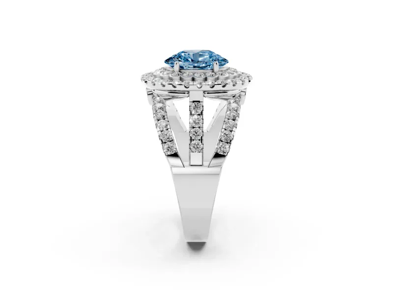 Oval Double Halo Split Shank Engagement Ring Setting for a Fancy Blue Lab-Grown Diamond | Pave Strands | Platinum