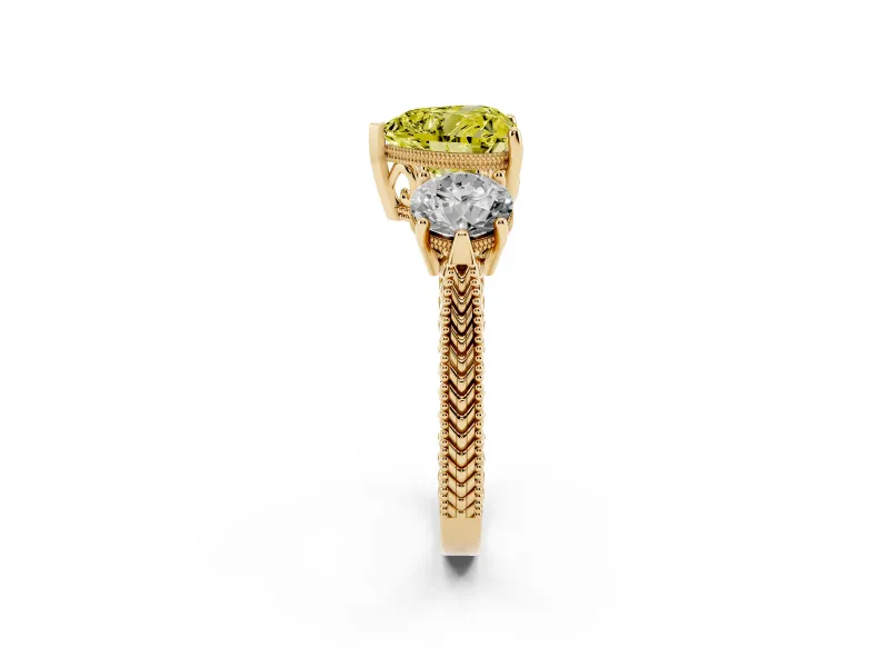 Fancy Yellow Heart Cut Diamond Three-Stone Ring Set in Yellow gold with Milgrain Band