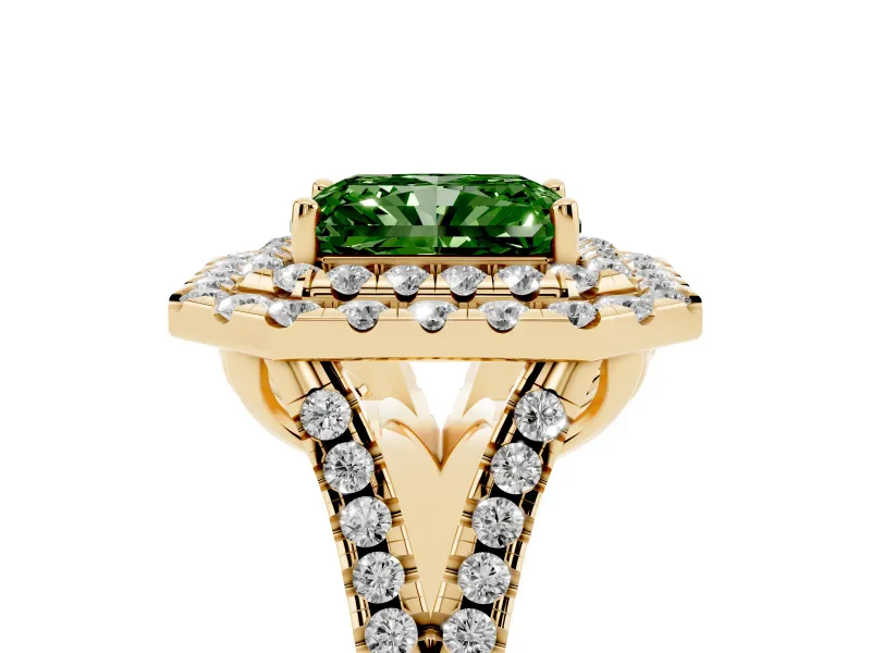 Radiant Cut Halo Split Shank Engagement Ring Setting for a Fancy Green Lab-Grown Diamond | Yellow Gold