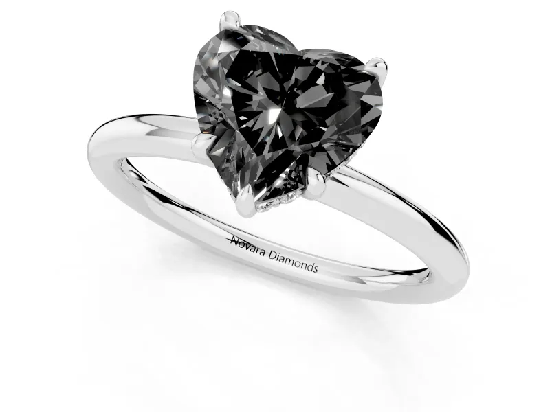 Fancy Black Heart Cut Diamond Solitaire Ring Set in White gold with Thin Band and Prong Setting