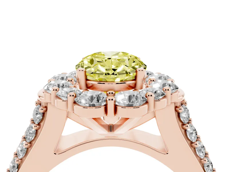 Fancy Yellow Oval Cut Diamond Halo Engagement Ring Set in Rose gold with Split Shank and Prong Setting