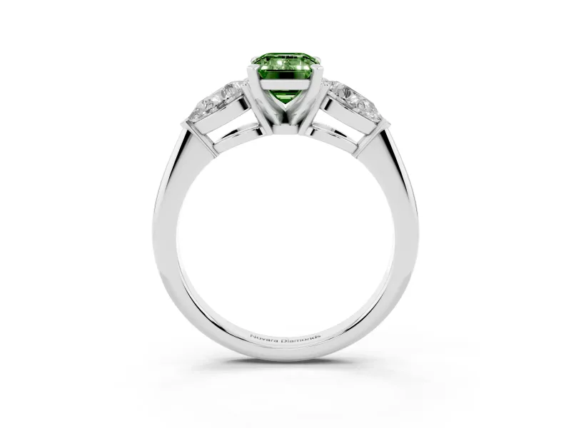 Fancy Green Three-Stone Emerald Cut Diamond Ring Set in Platinum with Pear Side Stones and Prong Setting
