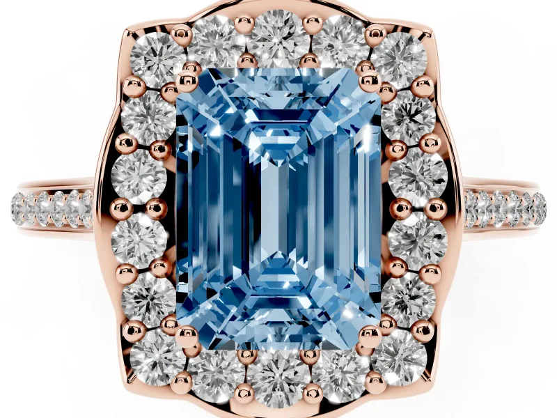 Emerald Cut Halo Engagement Ring Setting for a Fancy Blue Lab-Grown Diamond | Petal Tips | Rose Gold