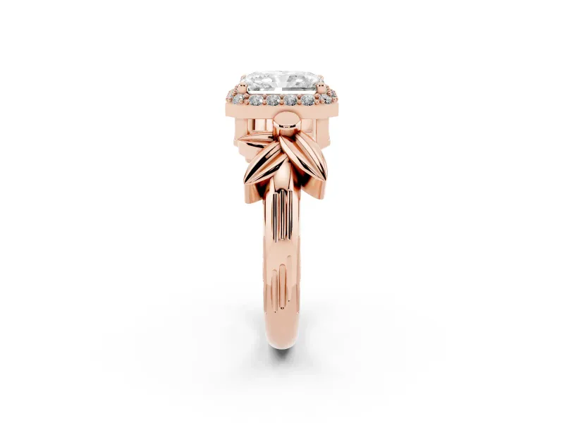 Radiant Cut Floral Halo Engagement Ring Setting | Leaf Shoulders | Rose Gold