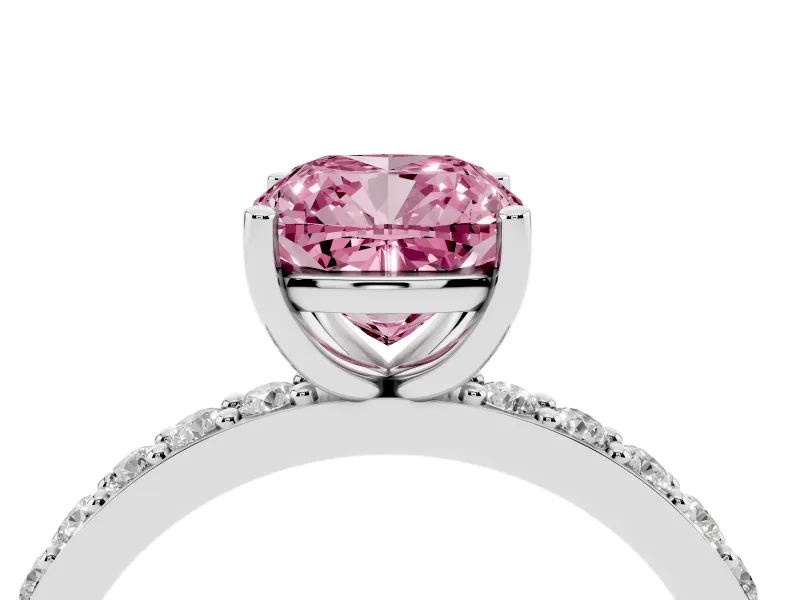 Fancy Pink Cushion Cut Diamond Solitaire Set in Silver with Round Pavé Band and Prong Setting