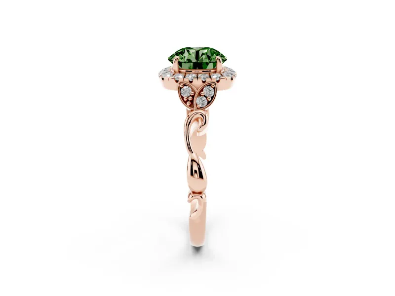 Round Halo Engagement Ring Setting for a Fancy Green Lab-Grown Diamond | Leaf Shoulders | Rose Gold