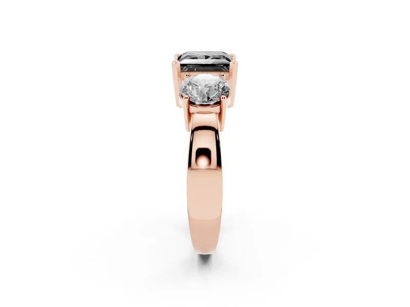 Princess Cut Three Stone Engagement Ring Setting for a Black Center | Round Side Stones | Rose Gold