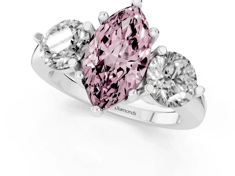 Fancy Pink Marquise Cut Diamond Three-Stone Ring Set in Platinum with Prong Setting and Classic Band