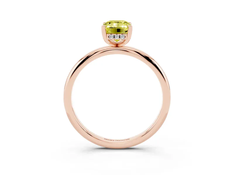 Fancy Yellow Emerald Cut Diamond Solitaire Engagement Ring Set in Rose gold with Prong Setting and Polished Band