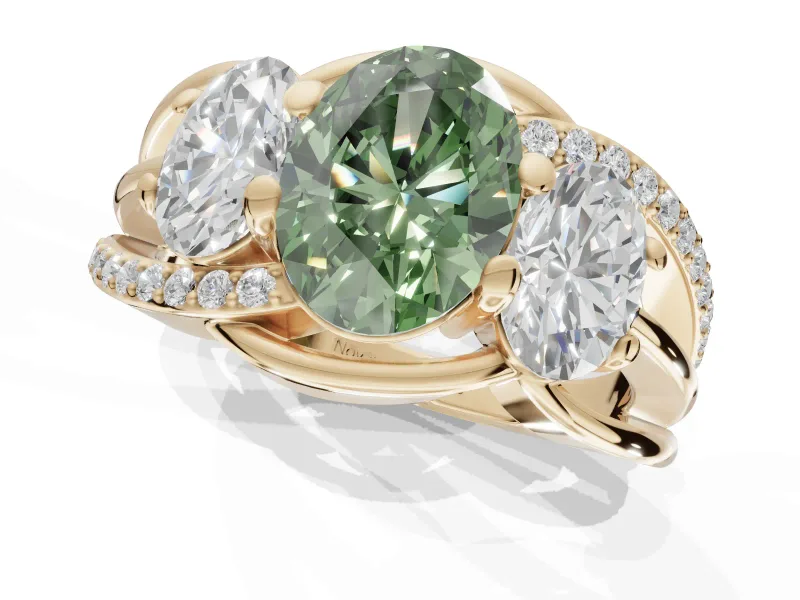 Oval Three Stone Split Shank Engagement Ring Setting for a Fancy Green Lab-Grown Diamond | Matching Sides | Yellow Gold