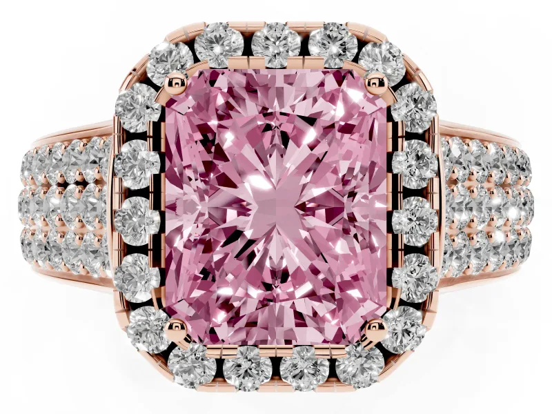 Radiant Cut Pavé Engagement Ring Setting for a Fancy Pink Lab-Grown Diamond | Wide Three-Row Band | Rose Gold