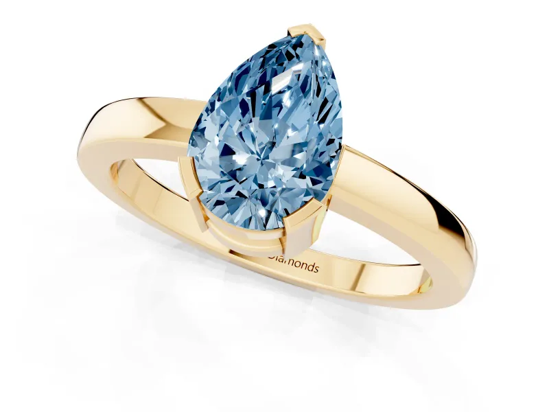 Fancy Blue Pear Cut Diamond Solitaire Ring Set in Yellow gold with Prong Head and Smooth Polished Band