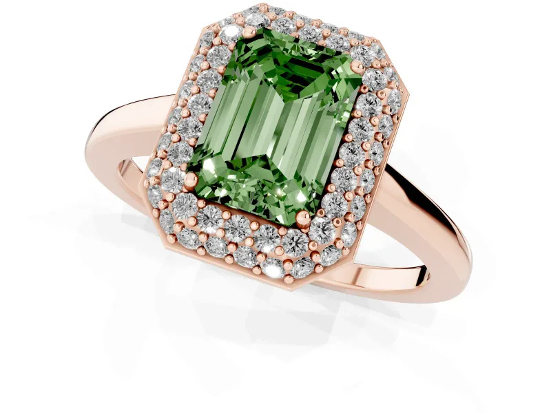 Fancy Green Emerald Cut Diamond Halo Engagement Ring Set in Rose gold with Solitaire Band and Prong Setting