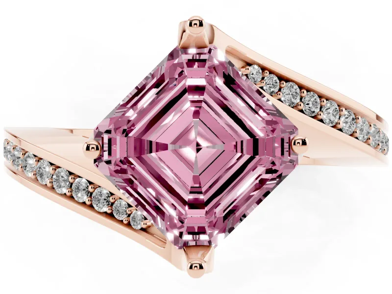 Asscher Cut Bypass Pavé Solitaire Engagement Ring Setting for a Fancy Pink Lab-Grown Diamond | Angled Head | Rose Gold
