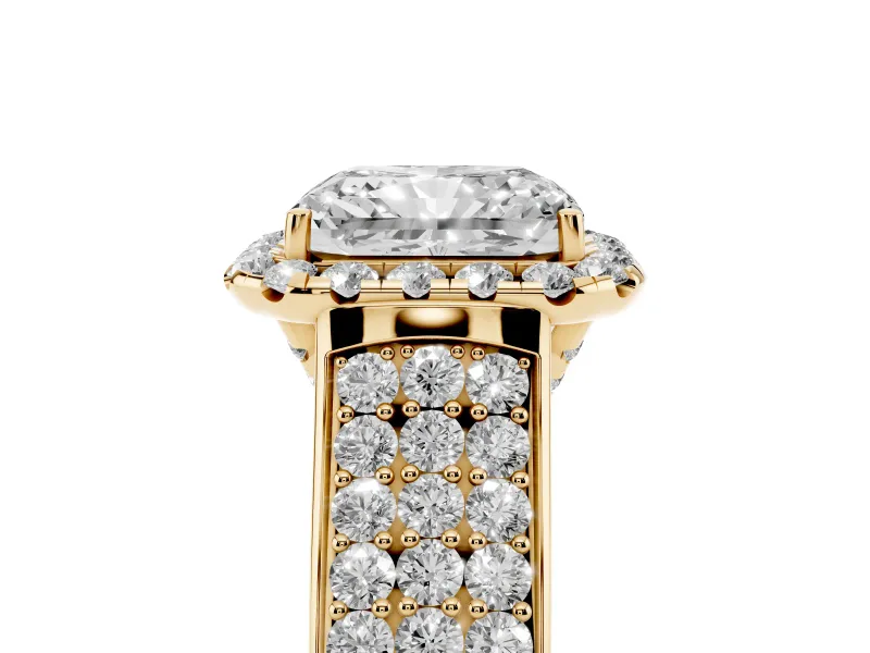 Radiant Cut Pavé Engagement Ring Setting | Wide Three-Row Band | Yellow Gold