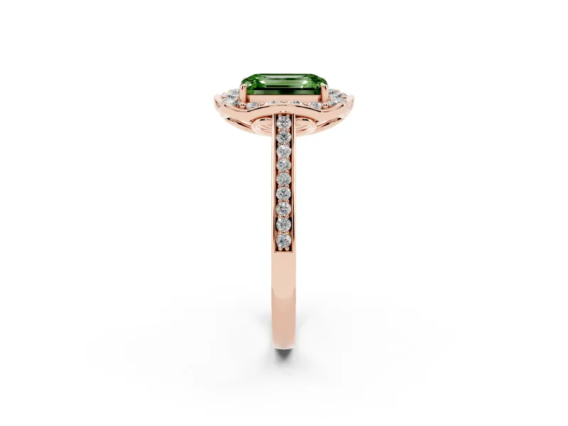Emerald Cut Petal Tip Halo Engagement Ring Setting for a Fancy Green Lab-Grown Diamond | Pavé Band | Rose Gold