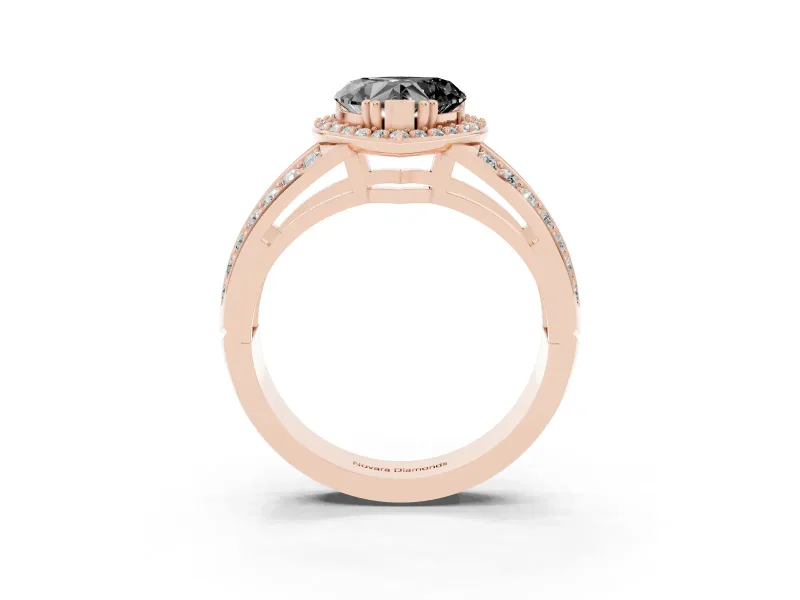 Fancy Black Heart Cut Diamond Halo Ring Set in Rose gold with Double Pavé Split Shank
