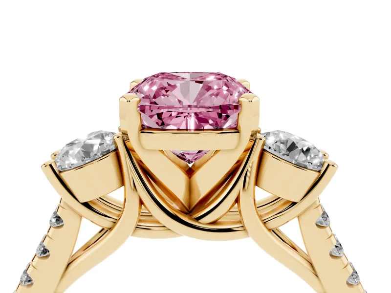 Cushion Cut Three-Stone Engagement Ring Setting for a Fancy Pink Lab-Grown Diamond | Yellow Gold