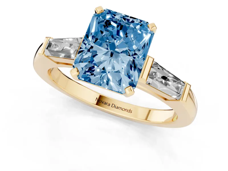 Radiant Cut Three Stone Engagement Ring Setting for a Fancy Blue Lab-Grown Diamond | Tapered Baguettes | Yellow Gold