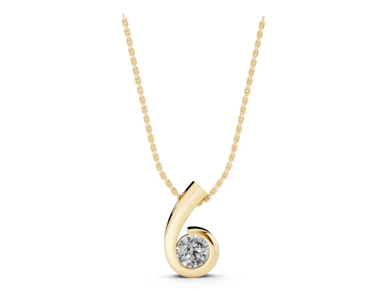 Round Lab-Grown Diamond Bezel Swirl Pendant Necklace | Polished Curl | Yellow Gold