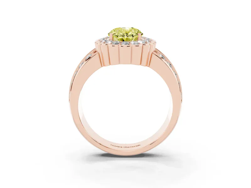 Fancy Yellow Oval Cut Diamond Scalloped Halo Ring Set in Rose gold with Pavé Split Shank
