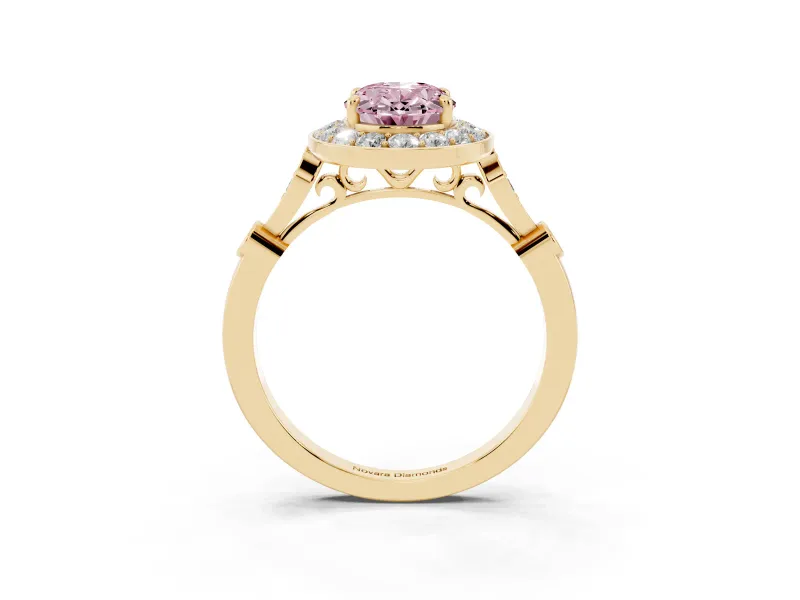 Oval Halo Engagement Ring Setting for a Fancy Pink Lab-Grown Diamond | Bezel Stations | Yellow Gold
