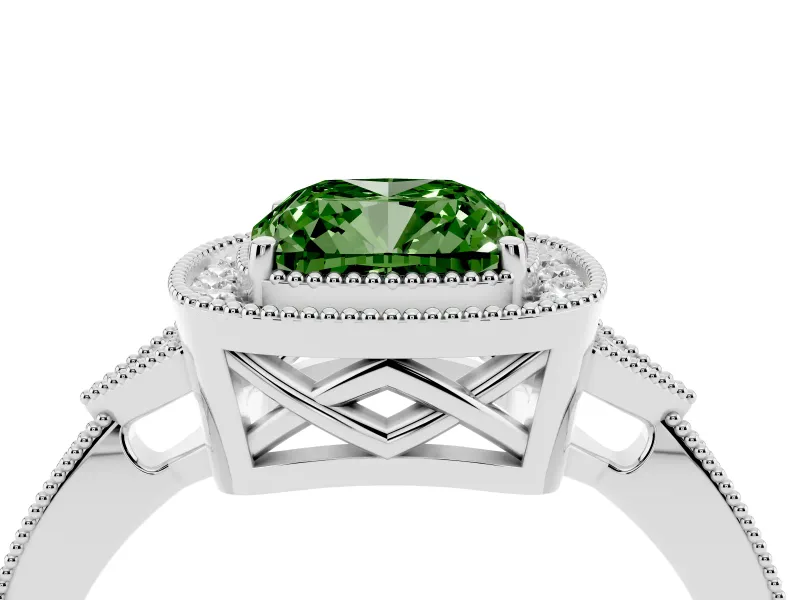 Fancy Green Cushion Cut Diamond Halo Engagement Ring Set in Platinum with Milgrain Pavé Band
