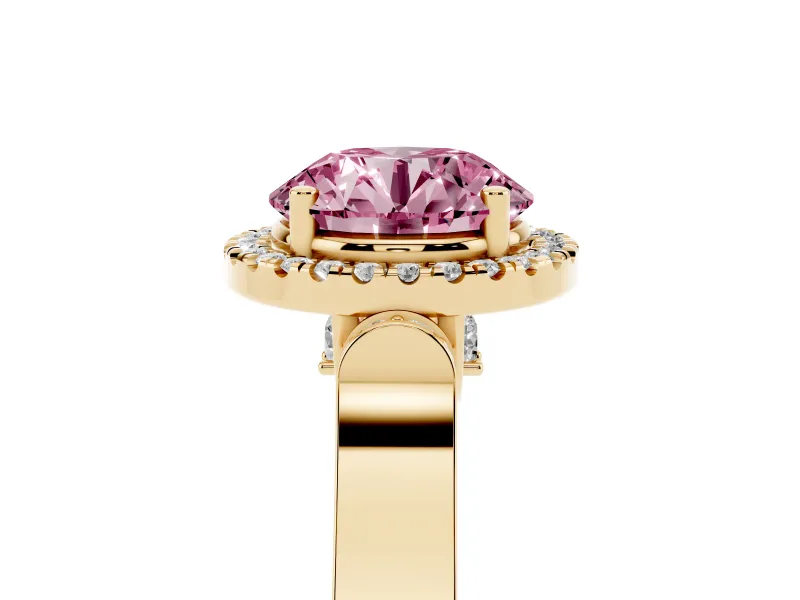 Round Pavé Halo Engagement Ring Setting for a Fancy Pink Lab-Grown Diamond | Yellow Gold