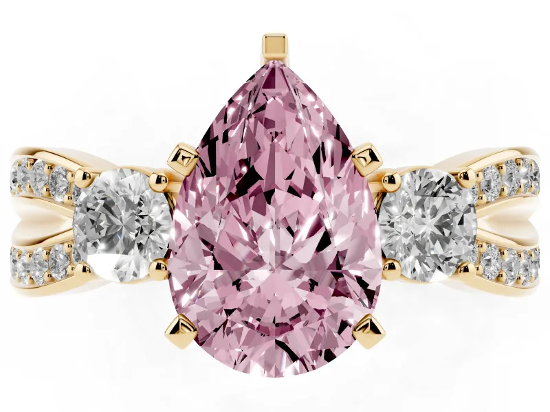 Fancy Pink Three-Stone Pear Cut Diamond Twist Band Ring Set in Yellow gold with Pavé Accents and Prong Setting