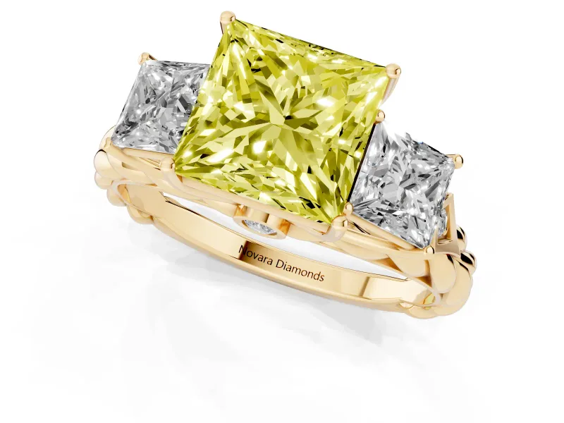 Fancy Yellow Princess Cut Diamond Three-Stone Ring Set in Yellow gold with Braided Band