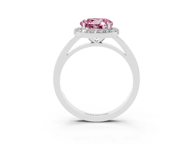 Fancy Pink Round Cut Diamond Halo Ring Set in Platinum with Solitaire Band and Prong Setting