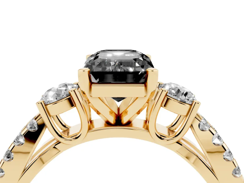 Emerald Cut Three Stone Engagement Ring Setting for a Black Center | Pavé Split Shank | Yellow Gold