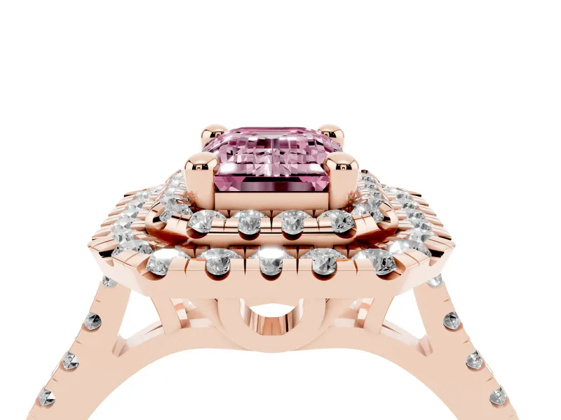 Fancy Pink Emerald Cut Diamond Double Halo Statement Ring Set in Rose gold with Pavé Band