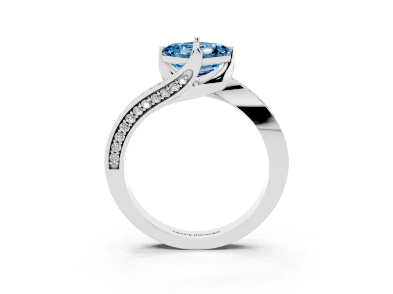 Fancy Blue Asscher Cut Diamond Solitaire Ring Set in White gold with Intertwined Pavé Twist Band