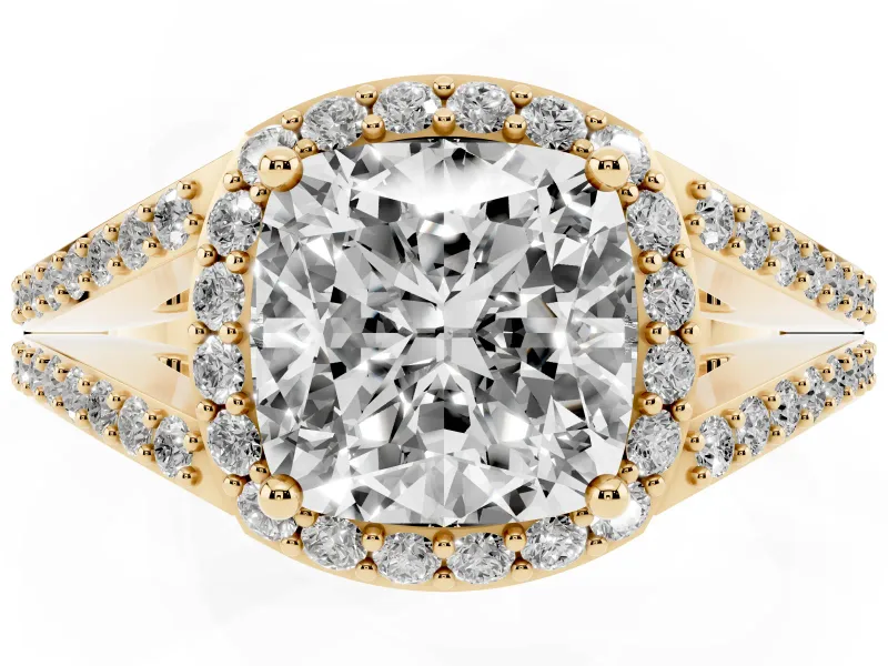 Cushion Cut Halo Engagement Ring Setting | V-Split Pavé Band | Yellow Gold