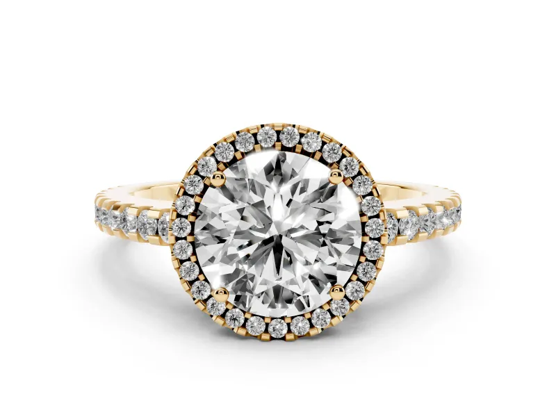 Round Cut Diamond Halo Ring Set in Yellow gold with Pavé Shoulders and Halo-Framed Center
