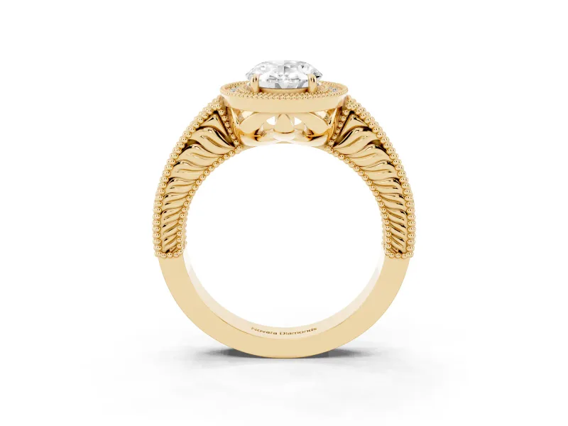 Oval Cut Diamond Halo Ring Set in Yellow gold with Round Accent Halo, Pavé Band and Prong Setting
