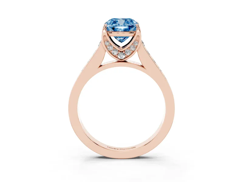 Fancy Blue Cushion Cut Diamond Solitaire Pavé Engagement Ring Set in Rose gold with Prong Setting