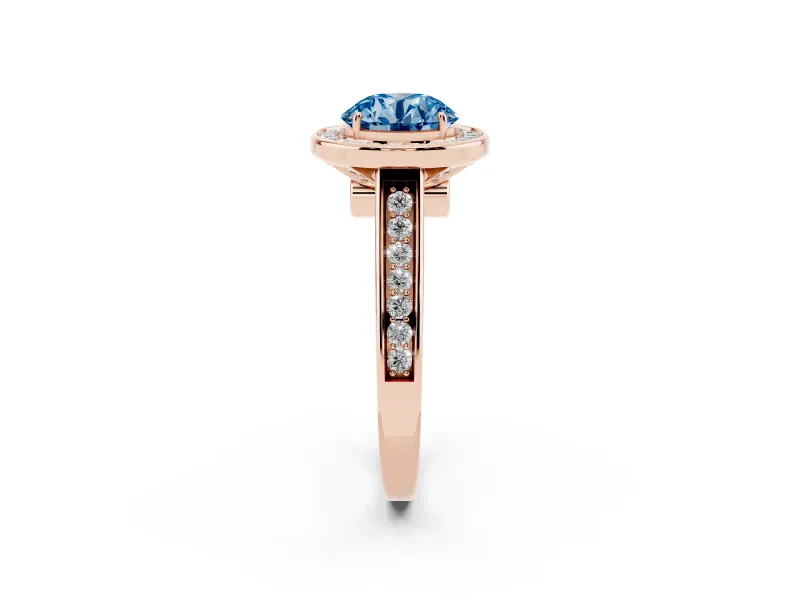 Fancy Blue Round Cut Diamond Halo Solitaire Ring Set in Rose gold with Pavé Band and Bezel Setting